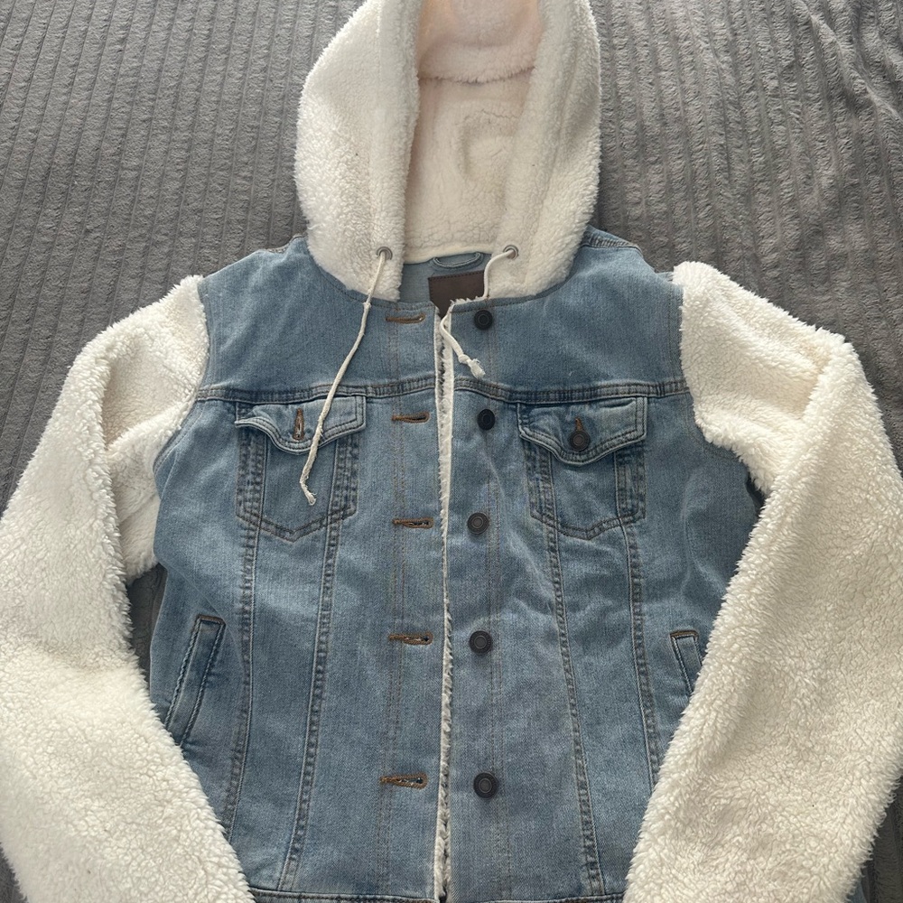 Maurices Light Blue Denim Jacket with Sherpa Hood & Sleeves